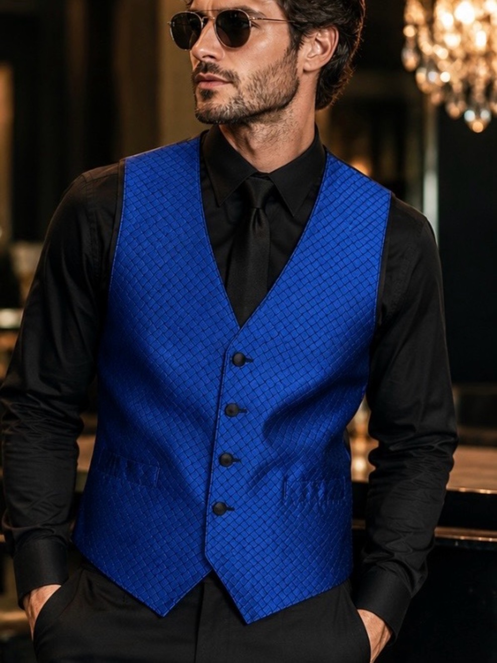 New Men Large Formal Blue Tuxedo Suit Vest Wedding Prom HOCO Party Pockets NWT